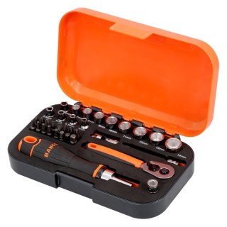 Zestaw kluczy nasadowych 6-kątnych M4-M14 i końcówek 1/4" z grzechotką, 34szt. BAHCO [S34MC8H]