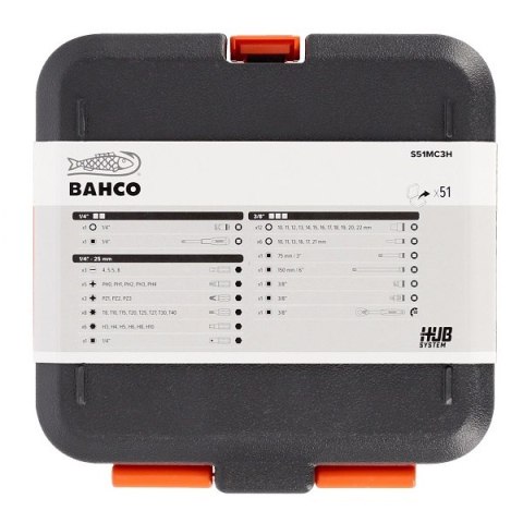 Zestaw końcówek 1/4" i nasadek 6-kątnych 3/8" z grzechotką, 51szt. BAHCO [S51MC3H]