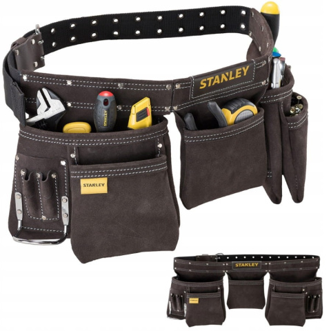 STANLEY skórzany pas monterski dekarski narzędziowy z kieszeniami + kabura na wkrętarkę