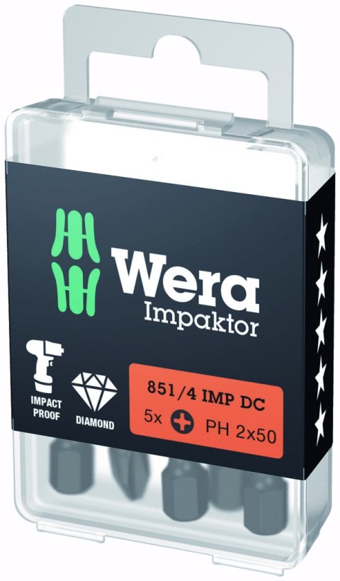 5 szt. końcówek udarowych Impaktor 1/4" do śrub z gniazdem Phillips, rozmiar PH2/50mm, Wera [05057656001]