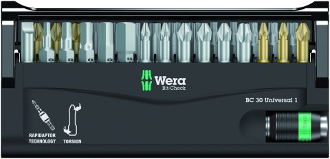 Komplet 30 szt. końcówek 1/4" z adapterem magnetycznym Rapidator, Bit-Check 30 Universal 1, WERA [05056440001]
