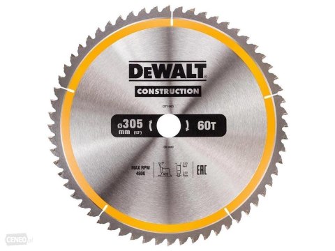 Piła tarczowa do cięcia drewna 305/30mm, grubość cięcia 3,0mm, 60 zębów, Construction DeWALT [DT1960-QZ]