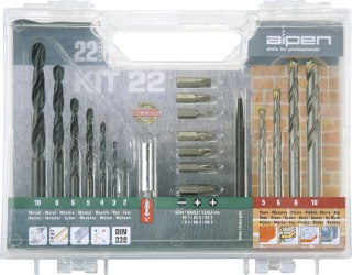 Zestaw 22szt. wierteł do betonu i metalu z końcówkami 1/4" Alpen KIT-22 [0000800222100]