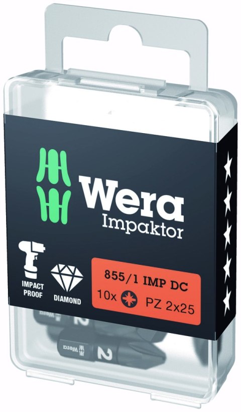 Zestaw 10 końcówek udarowych Impaktor 1/4" do śrub z gniazdem Pozidriv, rozmiar PZ3/25mm, Wera [05057622001]