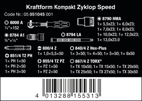 Zestaw 26szt. nasadek i końcówek z grzechotką 1/4" Kraftform Kompakt Zyklop Speed WERA [05051045001]