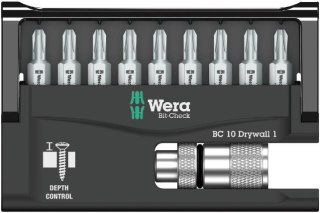 Komplet końcówek PH2 1/4" z adapterem z regulacją głębokości wkręcania, Bit-Check 10 Drywall 1 Wera [05136011001]