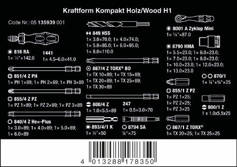Zestaw narzędzi 1/4" bitów, nasadek i wierteł z próbnikiem napięcia Kraftform Kompakt H 1 do drewna Wera [05135939001]