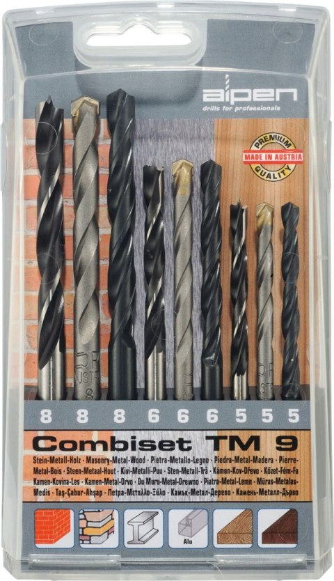 Zestaw 9szt. wierteł do drewna, metalu i betonu, Alpen TM-9 [0000802102100]
