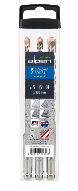 Zestaw 3szt. wiertł widiowych do betonu SDS+, BOX F4, Alpen [0081700568100]
