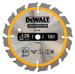 Piła tarczowa do cięcia drewna 136/10mm, grubość cięcia 1,5mm, 16 zębów, CONSTRUCTION DeWALT [DT1946-QZ]