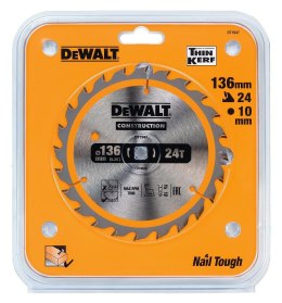 Piła tarczowa do cięcia drewna 136/10mm, grubość cięcia 1,5mm, 24 zęby, CONSTRUCTION DeWALT [DT1947-QZ]