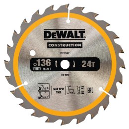 Piła tarczowa do cięcia drewna 136/10mm, grubość cięcia 1,5mm, 24 zęby, CONSTRUCTION DeWALT [DT1947-QZ]