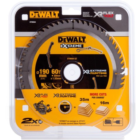 Piła tarczowa do cięcia drewna 190/30/1,55mm, 60 zębów, XR EXTREME RUNTIME DEWALT [DT99564-QZ]