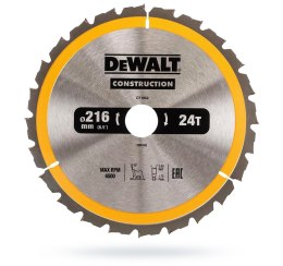 Piła tarczowa do cięcia drewna 216/30mm, grubość cięcia 2,6mm, 24 zęby, CONSTRUCTION DeWALT [DT1952-QZ]