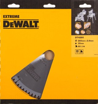 Piła tarczowa do cięcia drewna, laminatu, aluminium, PVC 260/30mm o grubości 2,6mm, 80 zębów Extreme Dewalt [DT4280-QZ]