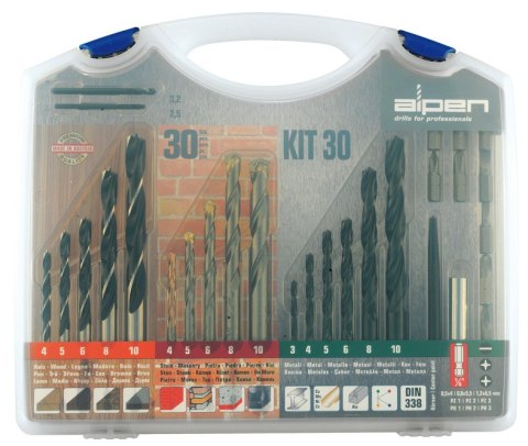 Zestaw 30szt. wierteł do betonu, drewna i metalu z końcówkami 1/4" Alpen KIT-30 [0000800230100]