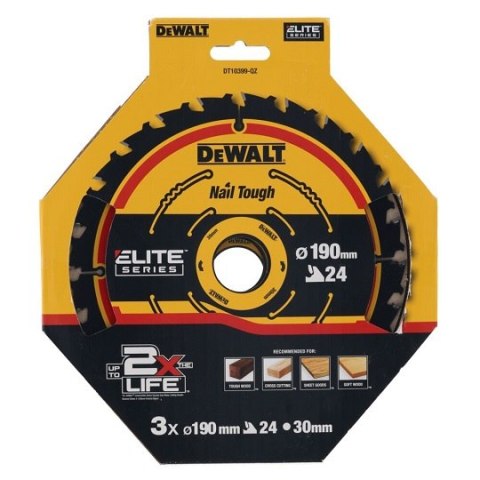 Zestaw 3szt. pił tarczowych do cięcia drewna 190x30x1,65mm, 24 zęby, ELITE, DeWALT [DT10399-QZ]