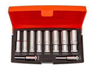 Zestaw długich, cienkościennych nasadek 6-kątnych 1/4", M4-M13, 10 szt. BAHCO [S0810L]