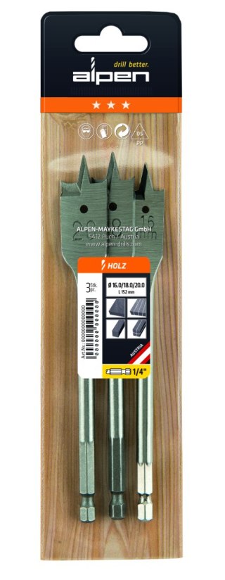 Zestaw 3szt. wierteł płaskich do drewna 16,18,20/152mm, 1/4" Alpen [0023700003100]
