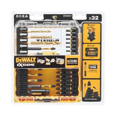 Zestaw 32 szt. końcówek udarowych 1/4" IMPACT TORSION EXTREME + wiertła, SMALL TOUGH CASE+, DeWALT [DT70741T-QZ]