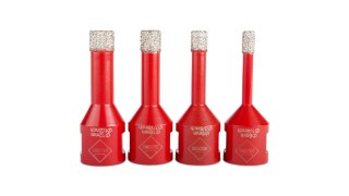 Zestaw 4 wierteł diamentowych do płytek ceramicznych, gresowych, porcelanowych serii Mini DryGres + adapter do wiertarki, Rubi [