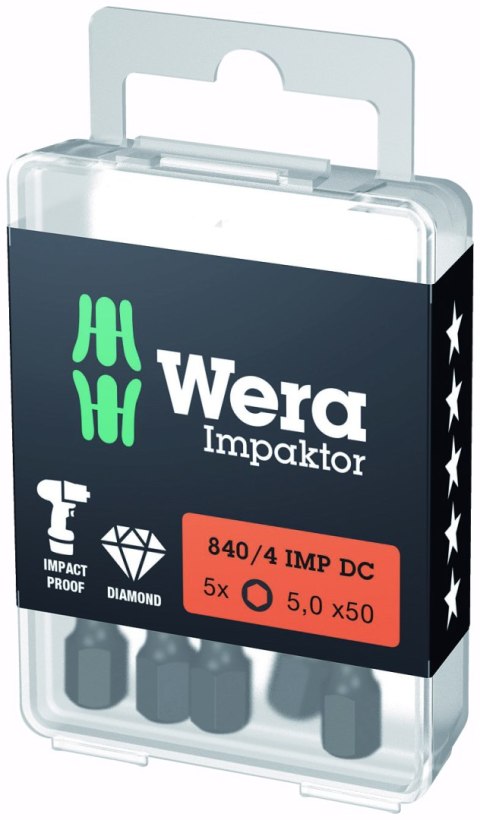 5szt. końcówek udarowych 1/4" do śrub z gniazdem sześciokątnym, rozmiar HEX 5/50mm, serii 840/4 IMP DC Impaktor, WERA [050576450