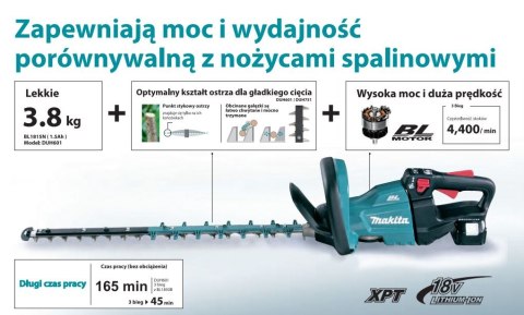 Akumulatorowe nożyce do żywopłotu 18V Li-Ion 1x5,0Ah, długość cięcia 60cm, Makita [DUH602RT] + Gratis rękawice i olej