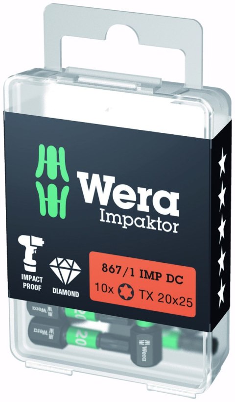 Zestaw 10 końcówek udarowych Impaktor 1/4" do śrub z gniazdem TORX, rozmiar TX20/25mm, Wera [05057624001]