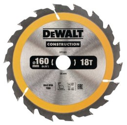 Piła tarczowa do cięcia drewna 160/20/2,5mm, 18 zębów, CONSTRUCTION DeWALT [DT1931-QZ]