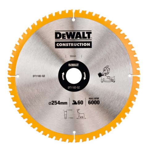 Piła tarczowa do cięcia drewna 254/30mm, grubość cięcia 2,4mm, 60 zębów, CONSTRUCTION DeWALT [DT1182-QZ]
