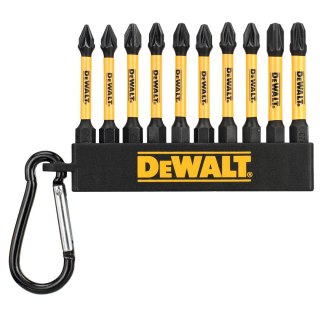 Zestaw 10 szt. końcówek udarowych ¼" Extreme Flextorq™ do wkrętów Pozidriv o długości 57mm w uchwycie z karabińczykiem, DeWalt [