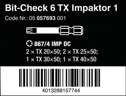 Komplet końcówek TORX 50mm 1/4", Bit-Check 6 TX Impaktor 1 Wera [05057693001]