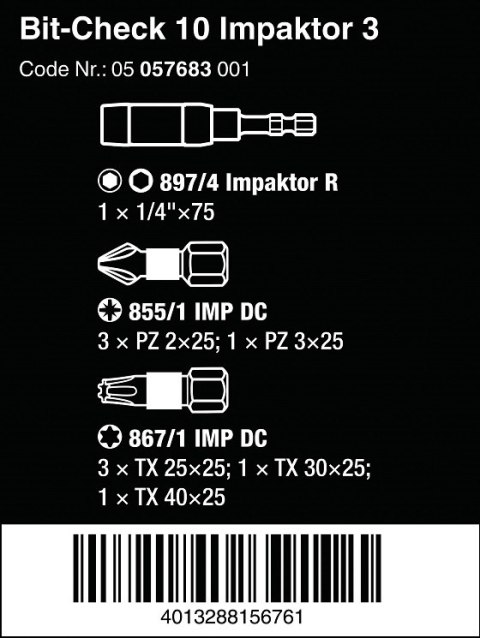 Komplet końcówek Torx z adapterem do wkrętarki 1/4" 10szt. Bit-Check 10 Impaktor 3 Wera [05057683001]