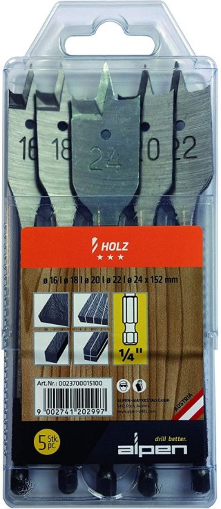 Zestaw 5szt. wierteł płaskich do drewna 16,18,20,22,24/152mm, 1/4" Alpen [0023700015100]