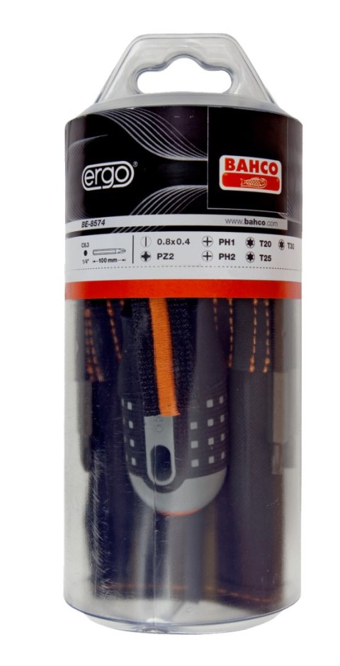 Wkrętak z 7 wymiennymi końcówkami serii ERGO BAHCO [BE-8574] do śrub prostych, Phillips, Pozidriv i TORX,