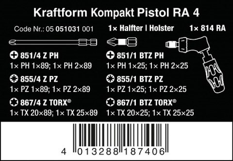 Wkrętak łamany z magazynkiem i grzechotką, mocowanie 1/4'', Kraftform Kompakt Pistol RA 4, Wera [05051031001]