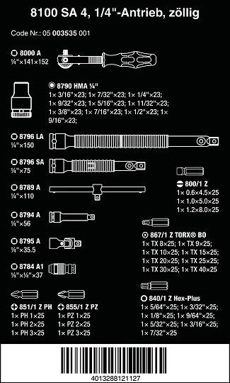 Zestaw 41 szt. kluczy nasadowych i końcówek z grzechotką Kraftform 8100 SA 4 Zyklop Speed 1/4" Wera [05003535001] calowe