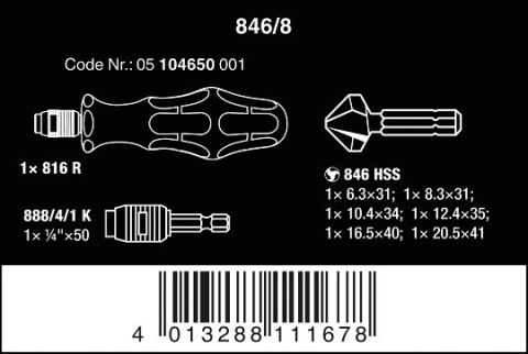 Zestaw pogłębiaczy stożkowych M3-M10, HSS 90', mocowanie 1/4", 846/8 Wera [05104650001] 8 szt.