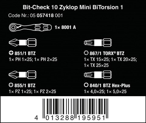 Komplet końcówek 1/4" z grzechotką Zyklop Mini 1, Bit-Check 10 Zyklop Mini BiTorsion 1, Wera [05057418001]