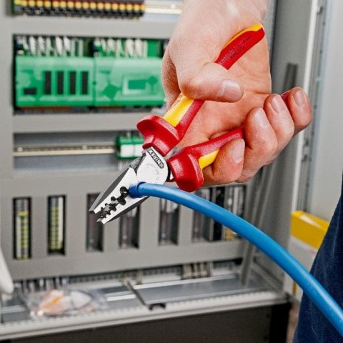 Szczypce do zagniatania tulejek kablowych w izolacji VDE 180mm Knipex [97 78 180 T] z zaczepem do asekuracji