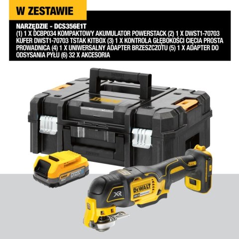 Akumulatorowe narzędzie wielofunkcyjne 18V Li-Ion 1x1,7Ah POWERSTACK, DeWalt [DCS356E1T-XJ] 32 akcesoria