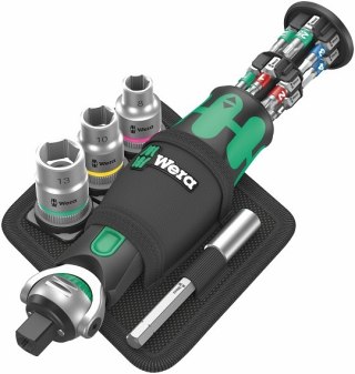 Grzechotka ręczna uchylna z 3 nasadkami 3/8", z funkcją wkrętaka 1/4" z magazynkiem na 12 bitów, 133mm, 8009 Zyklop Pocket Set 2
