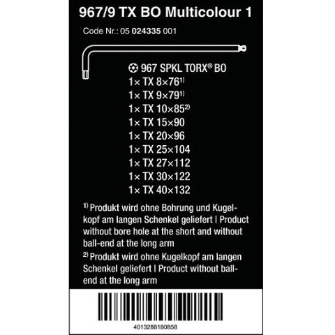 Komplet 9 kluczy trzpieniowych do śrub Torx BO Multicolour 967/9, Wera [05024335001] z magnetyzerem