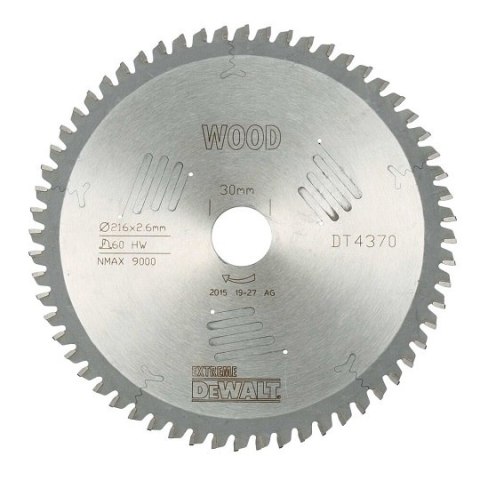 Piła tarczowa do dokładnego cięcia drewna 216/30/2,6mm, 60 zębów, EXTREME DeWALT [DT4370-QZ]
