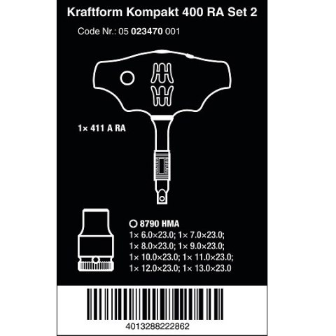 Zestaw 8 szt. nasadek 1/4"; 6 do 13mm; z rękojeścią grzechotkową 1/4" Kraftform Kompakt 400RA; opakowanie Wera 3go [05023470001]