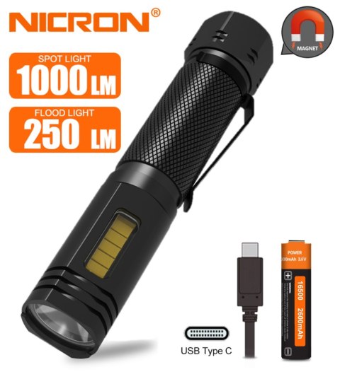 Latarka z mocnym światłem białym 1000 lm i z mocnym magnesem, NICRON [49NWL81]