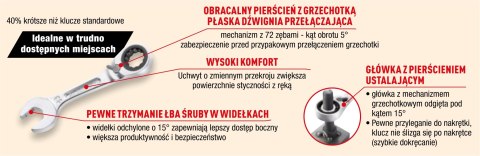 Klucz oczkowo-płaski krótki z grzechotką 16mm, Facom [467BS.16]