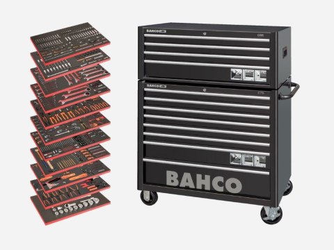 Wózek narzędziowy 8-szufladowy i nadstawka 4-szufladowa, 11 wkładów piankowych z narzędziami, Bahco [MONSTER] RAL9005, 758 narzę