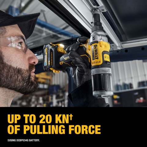 Akumulatorowa, bezszczotkowa nitownica do nitów zrywalnych 4,8-6,4mm, 18V Li-Ion 2x1,7Ah GFN POWERSTACK DeWalt [DCF414E2GT-QW] w