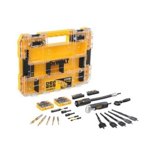 Zestaw 85 szt. końcówek PH, PZ, TX, wierteł do drewna i metalu, z elastyczną przedłużką udarową i głowicą kątową, DeWALT [DT7077